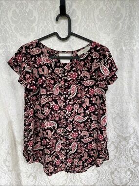 LOFT Black Paisley Floral Short Sleeve Blouse